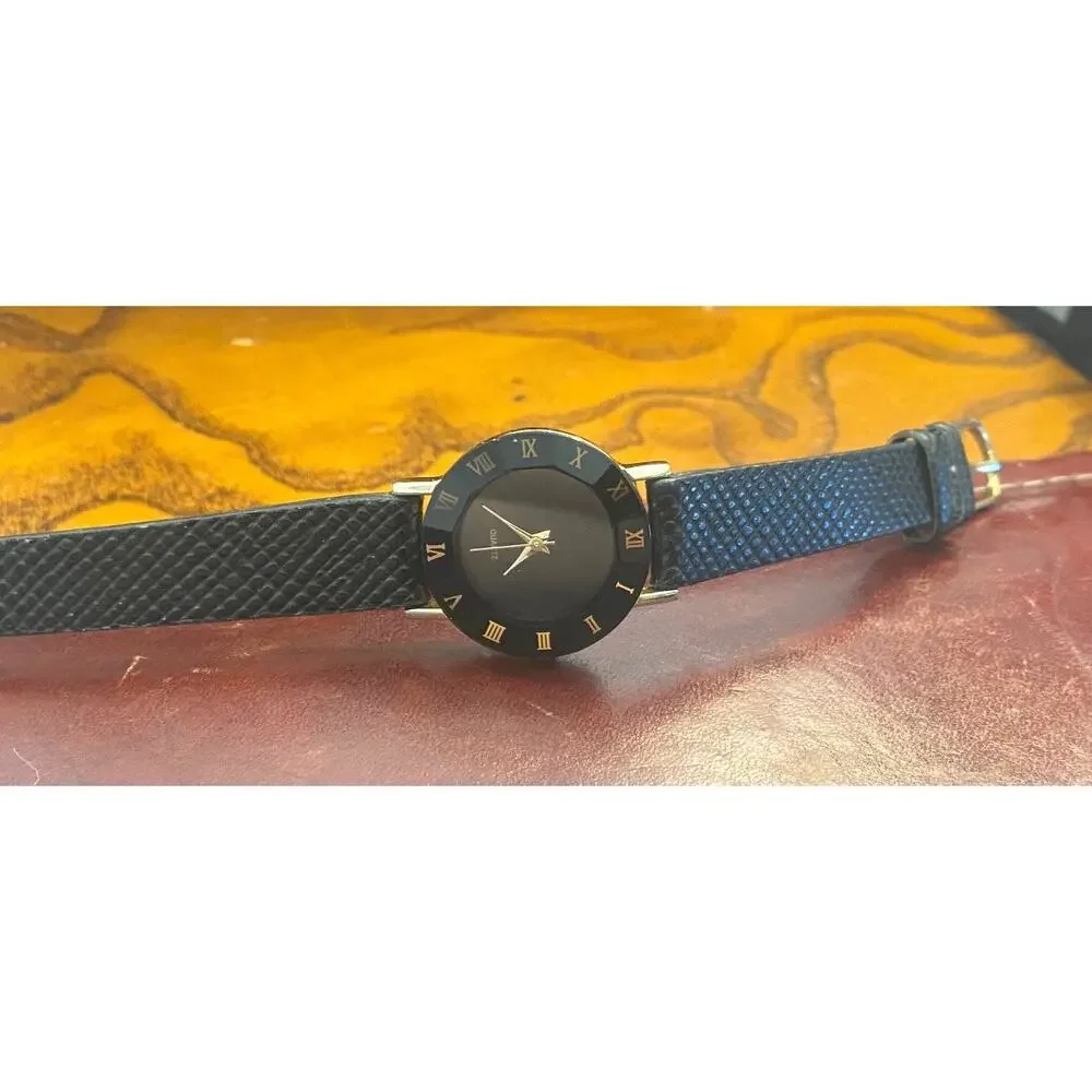 Women's Gold Tone Watch, Black Bezel with Roman Numeral Markings, Black Band